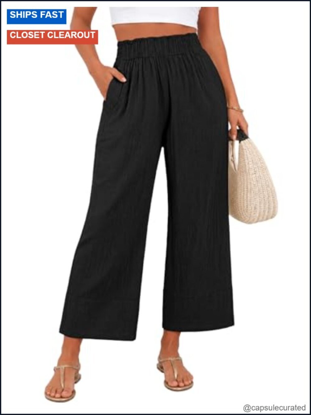 Linen Cotton Wide Leg Cropped Pants with Pockets Flowy Casual Trousers